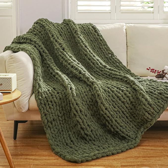 WESHIONGOO Chunky Knit Blanket Throw 50"×60" Knitted Throw Blankets for Couch Bed Fluffy Soft Blanket with Jumbo Chenille Yarn Thick 100% Handmade (Olive Green)-Ruum Studio Home