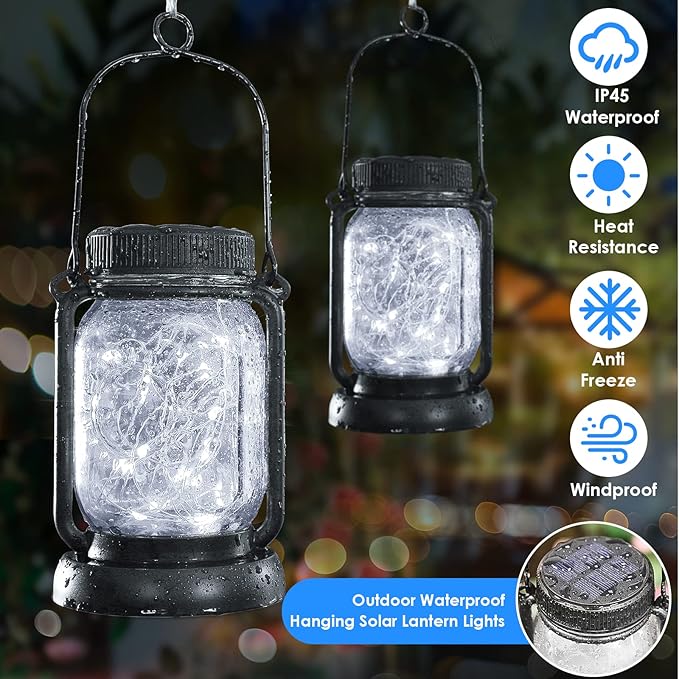 Mlambert Cool White 4 Pack Solar Hanging Mason Jar Lights with Stakes, Waterproof Decorative 30 LEDs Outdoor Solar Lantern Lamp Patio Garden Tree Yard-Ruum Studio Home