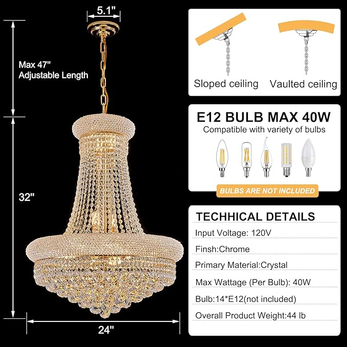 14 - Light Unique Empire Crystal Chandelier with Adjustable Chain for High Ceiling Foyer Entryway Living Room Dining Room Bedroom Gold Finish-Ruum Studio Home