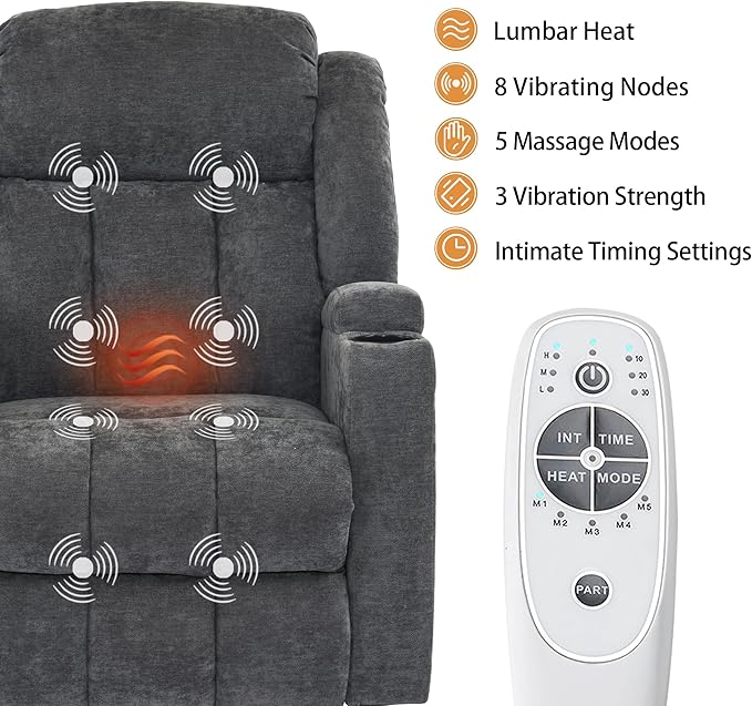 Power Lift Recliner Chair for Elderly with Massage and Heat, Recliner Chairs for Adults, Upgraded Fabric Reclining Sofa Chair with USB & Type-C Ports and Cup Holders, L1188(Grey)-Ruum Studio Home