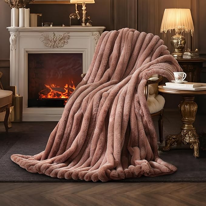 Amélie Home Faux Fur Throw Blanket for Couch, Ultra Cozy Fuzzy Fluffy Fur Luxurious Soft Striped Plush Gift Blankets for Family Sofa Chair Bed Living Room Bedroom, 55"x70", Ionic Fox Brown-Ruum Studio Home
