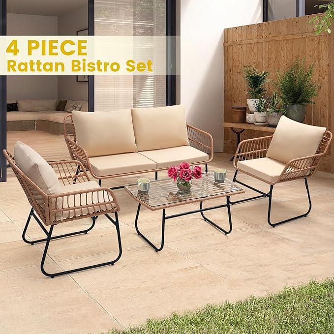 Kromax 4 Piece Patio Bistro Outdoor Furniture Set, Wicker Sofa, 2 Rattan Chairs, and Table, Backyard Conversation Set, All Weather Cushions, Natural Rattan Beige Cushion-Ruum Studio Home