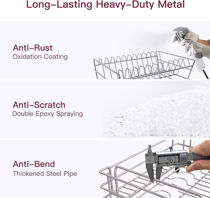 BOOSINY 2 Tier Red Large Stainless Steel Dish Drainers Drying Rack for Kitchen Counter with Drainboard, Rust Proof Metal, Space Saving, Modern Aesthetic, Compact Plates Strainers with Extra Mat-Ruum Studio Home