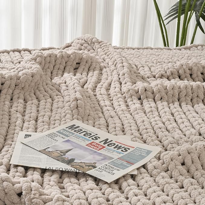 Esterra Chunky Knit Blanket Throw 50"x60", 100% Hand Knitted Chenille Throw Blanket, Cozy Soft Thick Cable Knit Throw Large Rope Knot Crochet Throw Blanket for Sofa Couch Bed, Linen Beige-Ruum Studio Home