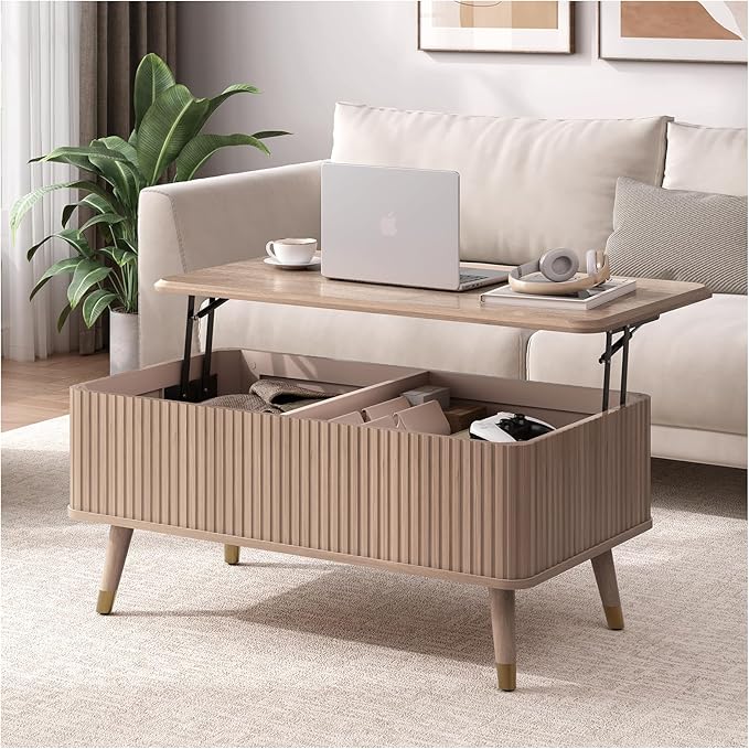 Lift Top Coffee Table with Storage Shelf & Hidden Compartment, Mid Century Modern Fluted Rectangle Dining Table for Living Room, Home Office, Natural Oak-Ruum Studio Home