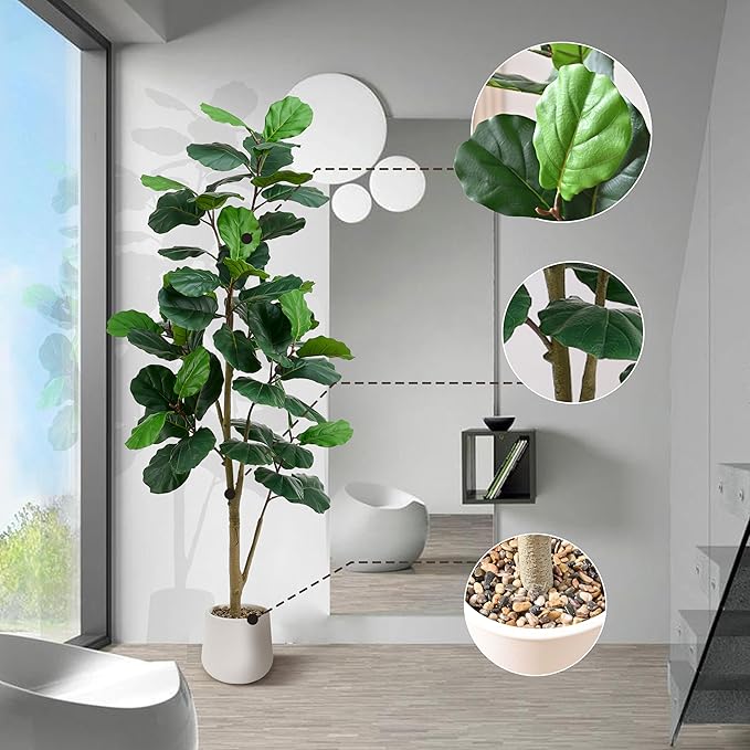 Artificial Fiddle Leaf Fig Tree, 6FT Tall Faux Ficus Lyrata Fake Tree in White Pot, Artificial Tree Indoor Decor, Fiddle Leaf Fig Tree Fake Plant for Home Office Living Room Decoration Modern-Ruum Studio Home