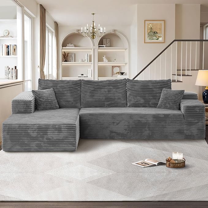 104" Cloudy Sectional L Shaped Couch for Living Room, No Assembly Required, Modular Comfy Sofa with Deep Seat, Fluffy Couch with Sleeper Chaise for Apartment Lounge (Grey)-Ruum Studio Home