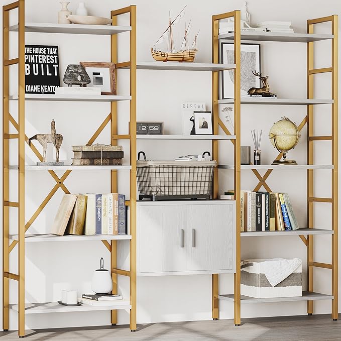 Triple 5 Tier Bookshelf, Industrial Large Bookcase with Storage Cabinet, Tall Gold Bookshelf with 14 Open Display Shelves Metal Frame Furniture for Living Room Bedroom Home Office Gold & White-Ruum Studio Home