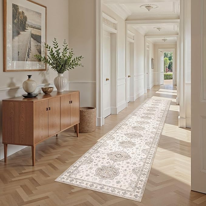 Washable 2.6x12 Runner Rug - Area Rugs Neutral Vintage Distressed Floral Farmhouse Boho Large Soft Floor Rug Indoor Carpet for Hallway Entryway Kitchen Home - Beige Brown-Ruum Studio Home