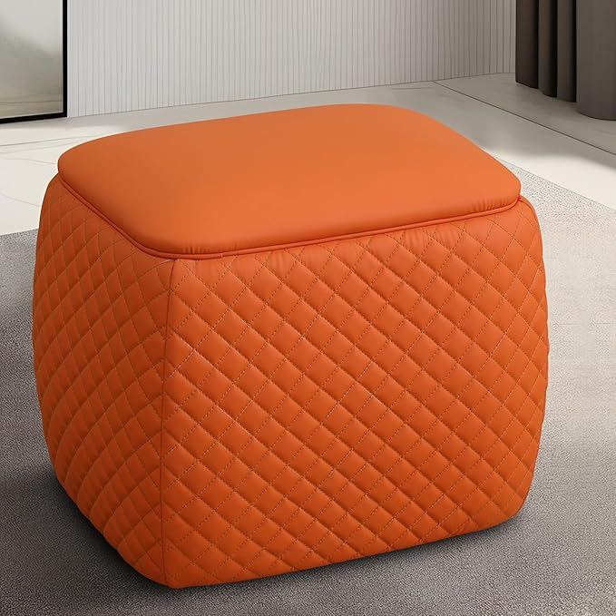 Ottoman Rectangular Storage Ottoman Bench, Faux Leather Footrest, Stool Footstool for Living Room, Bedroom, Entryway, Orange, 19.5"x15.5"x18"-Ruum Studio Home