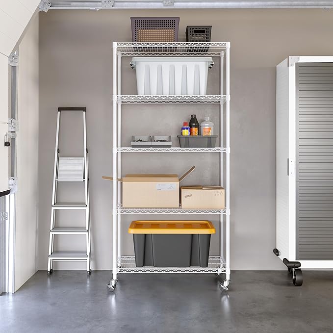 Seville Classics UltraDurable Heavy Duty NSF Solid Steel Wire Rack Storage Unit, Organizer for Garage, Warehouse, Office, Restaurant, Classroom, Kitchen, White, 5-Tier Shelving, 36" W x 14" D-Ruum Studio Home