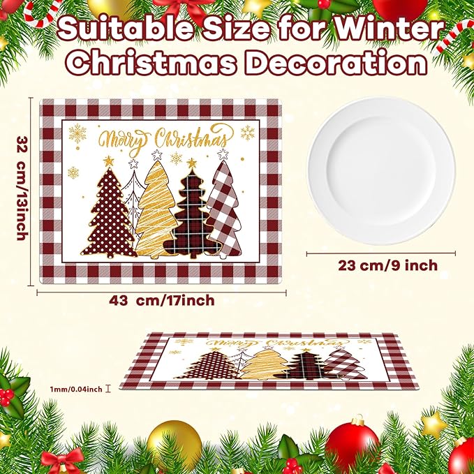 Winter Christmas Placemats Set of 6 Merry Christmas Watercolor Buffalo Plaid Plastic Table Mats Red Gold Xmas Trees Place Mat Holiday Table Decoration for Indoor Outdoor Party Kitchen Dining-Ruum Studio Home