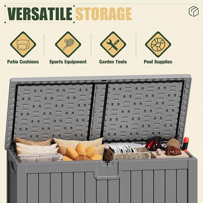 JUMMICO 250 Gallon Outdoor Resin Deck Box with Divider, Waterproof Storage Box with Lockable Lid&Side Handles for Garden Tools, Pools Supplies (Gray)-Ruum Studio Home