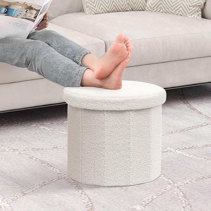 B FSOBEIIALEO Storage Ottoman Cube, Round Ottomans with Storage Foot Stool Footrest for Lving Room, Boucle Ottoman Seat for Dorm Room,Faux Teddy Fur, Cream White 15"x15"x15"-Ruum Studio Home