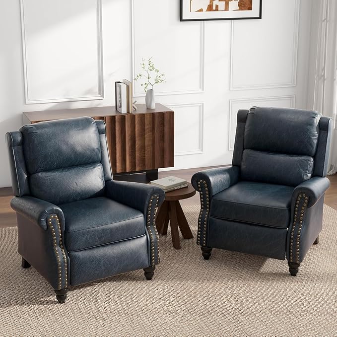 UIXE Pushback Recliner Chair, Faux Leather Armchair Overstuffed Accent Chair for Living Room, Rivet Trim Club Chair Home Theater Single Sofa Bedroom Side Reading Seat - Navy Blue-Ruum Studio Home