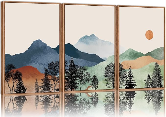 SIGNINART Boho Mountains Framed Canvas Wall Art Set of 3, Watercolor Nature Landscape Art Prints, Neutral Modern Sunrise Art Paintings, Green Forest Wall Decor for Living Room Bedroom Office 24"x36"x3-Ruum Studio Home