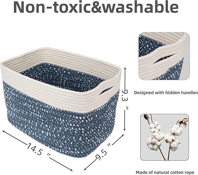 White and Blue Cotton Rope storage Basket Bins Woven Basket for Organizing Shelves 14.5X9.5X9.3“ Rectangle Decorative Baskets For storage Books Towels Wicker Nursery basket organizer Set of 3-Ruum Studio Home