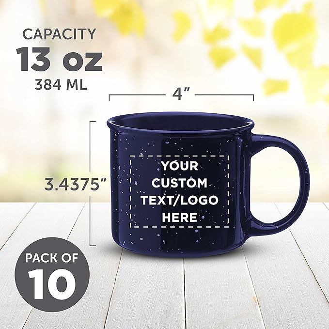 DISCOUNT PROMOS Custom Ceramic Campfire Coffee Mugs 13 oz. Set of 10, Personalized Bulk Pack - Perfect for Tea, Espresso, Cappuccino, Hot Cocoa - Blue-Ruum Studio Home