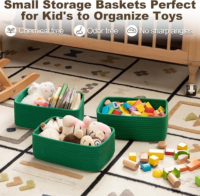 3 Pack Small Storage Baskets for Organizing, Cute Woven Decorative Gift Baskets for Shelves, Mini Closet Organizer Bins with Handles, 11.81''Lx7.87''Wx4.72''H-Green-Ruum Studio Home