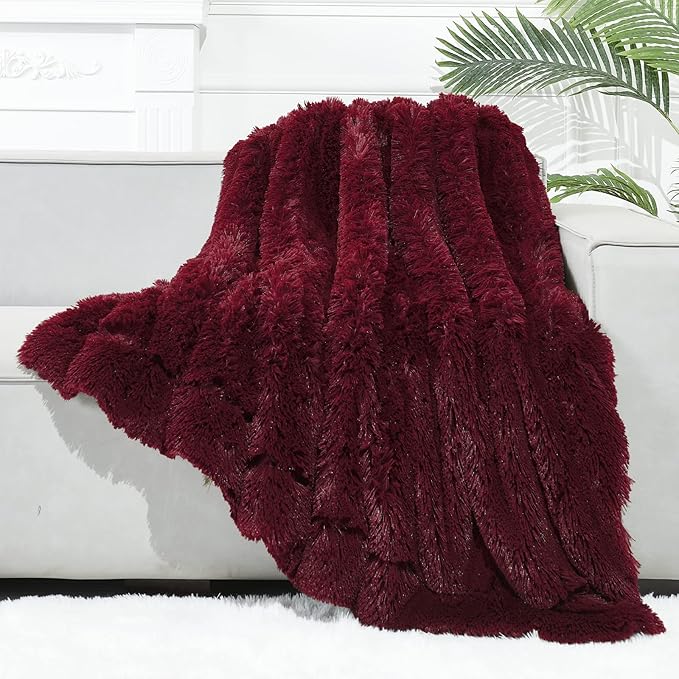 GONAAP Fuzzy Faux Fur Throw Blanket Twin Size Wine Red Super Soft Cozy Plush Fuzzy Shaggy Blanket for Couch Sofa Bed (Wine Red, Twin(60"x80"))-Ruum Studio Home