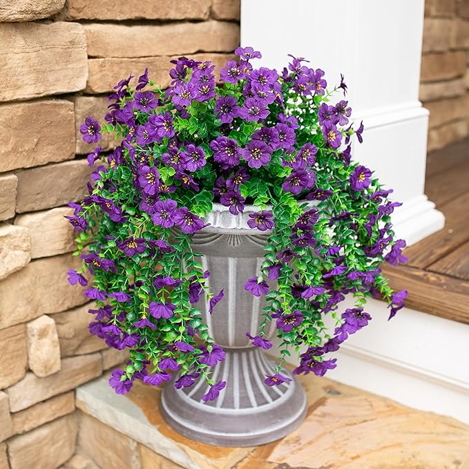 Artificial Faux Hanging Flowers Plants for Spring Outdoor Outside Decoration, 2 PCS Fake Silk Daisy with Eucalyptus UV Resistant Realistic Trailing Vines for Balcony Patio Porch (Dark Purple)-Ruum Studio Home