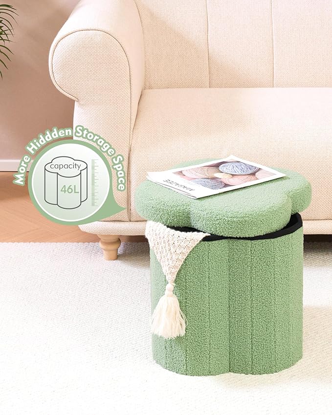 B FSOBEIIALEO Storage Ottoman Cube, Flowers Shaped Ottomans with Storage Foot Stool Footrest, Boucle Ottoman Seat for Dorm Room, Faux Teddy Fur, Green 15"x15"x15"-Ruum Studio Home