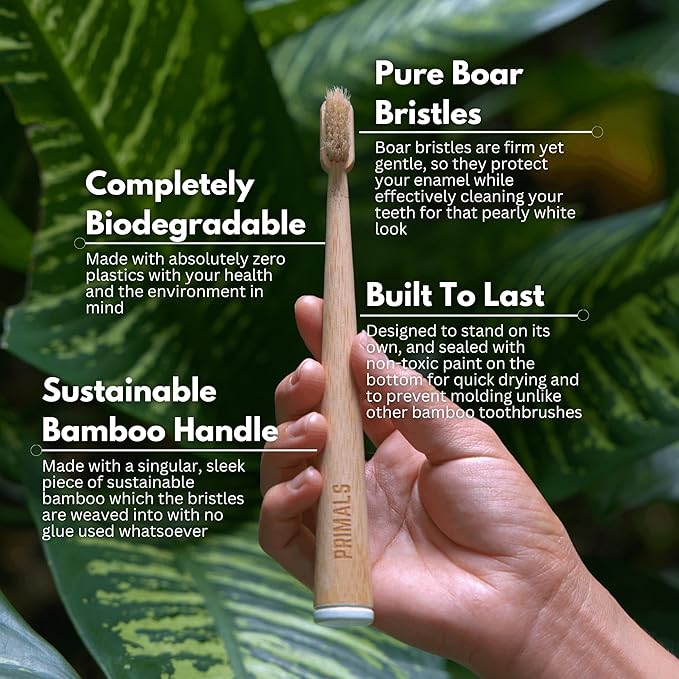 PRIMALS Boar Bristle & Bamboo Toothbrush (4-Pack) - Premium Boar Bristles - Fully Biodegradable - Plastic & Nylon Free - Quick Dry Design-Ruum Studio Home