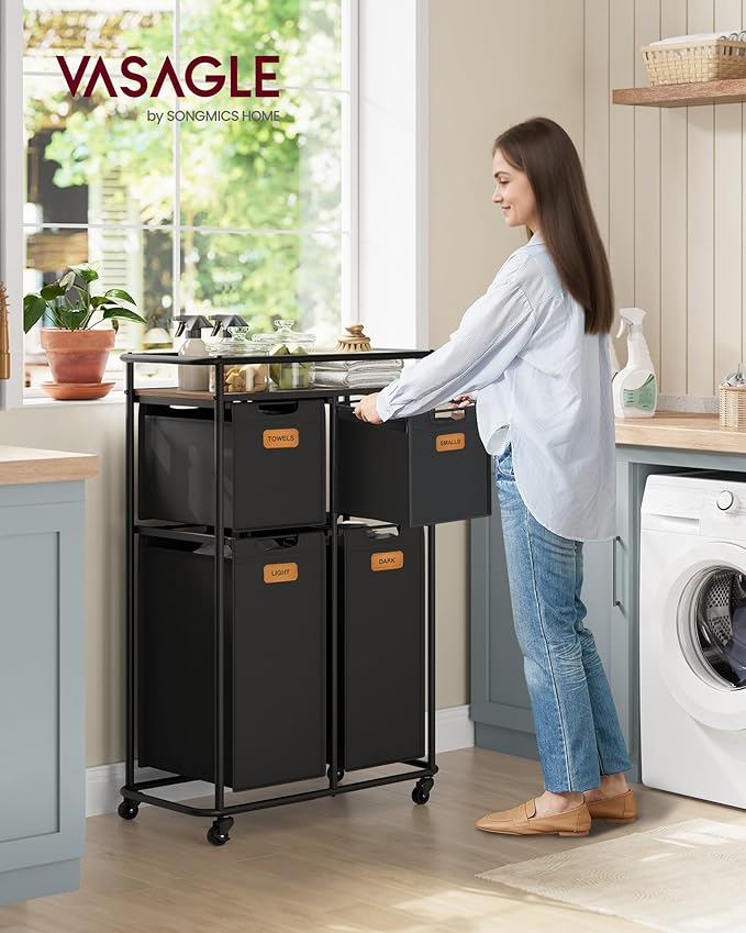 VASAGLE Laundry Sorter, Laundry Hamper with Wheels, 39.6 Gal. (150 L) Portable Rolling Cart Baskets with Shelf, 4 Removable Liners and 6 Labels, Ink Black and Chestnut Brown URLS100B01-Ruum Studio Home