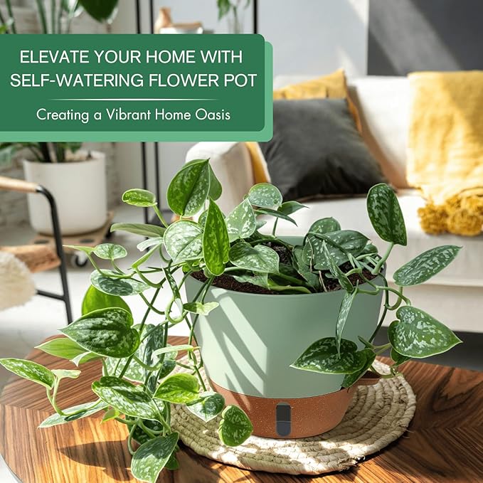 montresor 2 Pack 8 inch Plant Pots, PP Plastic Self Watering Plant Pot with Drainage and Tray for Indoor Outdoor Plants, Water Level Window & Reservoir Flower Pots Decorative Planter (Green)-Ruum Studio Home