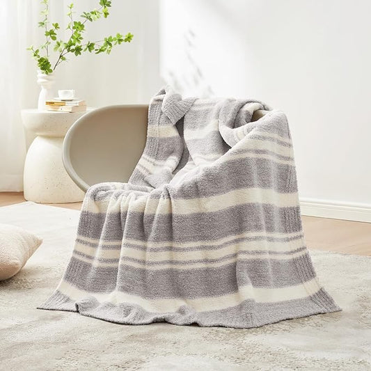 Snuggle Sac Grey Stripe Knitted Throw Blanket for Couch, Reversible Super Soft Warm Blankets Cozy Knit Fuzzy Plush Lightweight Throws for Sofa, Bed, Stripe Grey, 50 x 60 inches-Ruum Studio Home