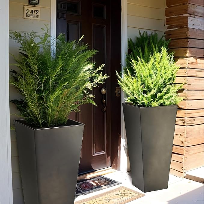 KOL 28''H. Tall Galvanized Steel Glazed Planter with Insert, Set of 2, Planter Pots for Indoor & Outdoor Use, Decorative Flower Plant Pots with Drainage Hole for Front Porch, Patio, Deck - Black-Ruum Studio Home