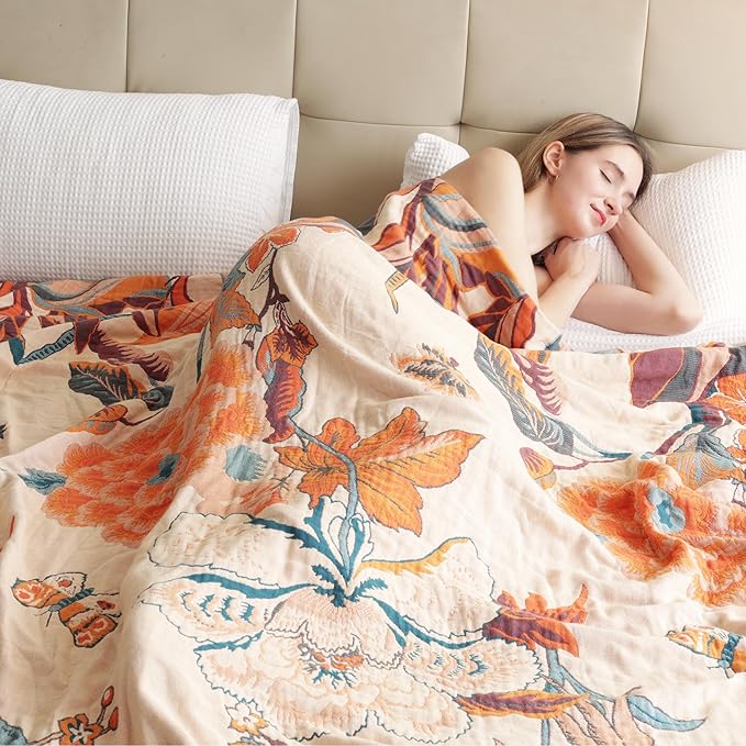 Boho Throw Blanket, 100% Organic Cotton Breathable Soft Lightweight All Season Rustic Bed Throw - Floral Bird Farmhouse Decor Blanket for Sofa Couch Chair Quilt and Gift. 60" x 80"-Ruum Studio Home