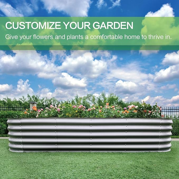 Gardmax Galvanized Raised Garden Bed, Lightweight Planter Boxes Outdoor with Easy Assembly, Large Garden Bed for Vegetables, Fruits, Flower Silver 8FT-Ruum Studio Home