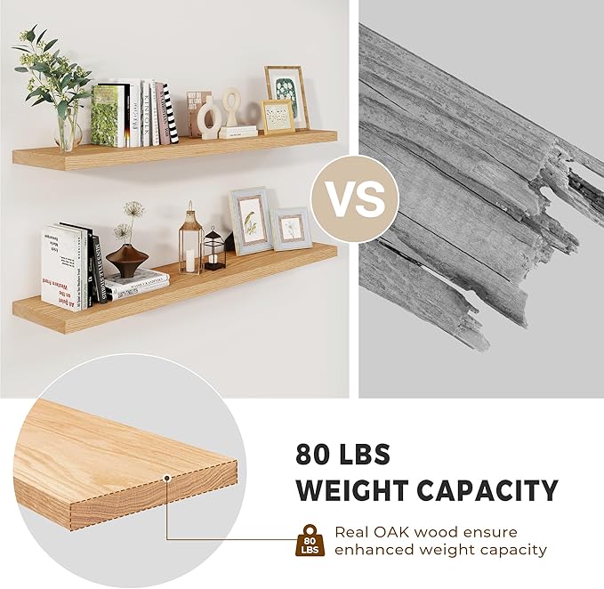 Fun Memories Solid Oak Wood Floating Shelves, 9.3 Inch Deep Natural Wood Shelf with Invisible Heavy Duty Bracket for Bathroom Bedroom Kitchen - 48inch Set of 1, Natural-Ruum Studio Home