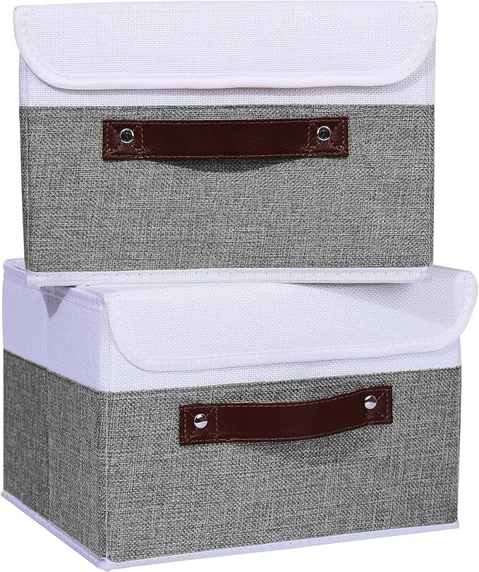 ANMINY 4PCS Storage Boxes with Lid Washable Decorative Storage Bins Basket with PU Leather Handle Foldable Linen Fabric Storage Cubes Containers for Home Closet Organizer - Gray White, Small Size-Ruum Studio Home