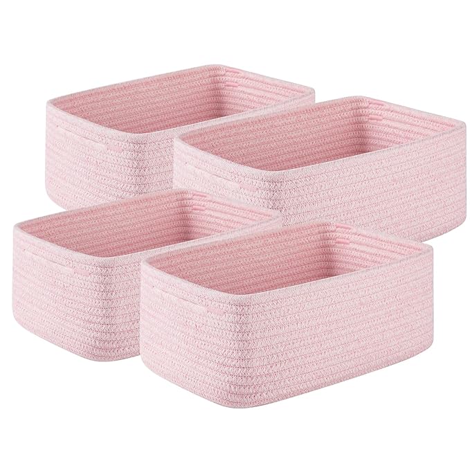 4 Pack Small Storage Shelf Baskets for Organizing, Mini Woven Rope Storage Bins for Towels, Cute Decorative Closet Organizer，Baby Nursery, Gift Empty Baskets -11.81''Lx7.87''Wx4.72''H-Pink-Ruum Studio Home