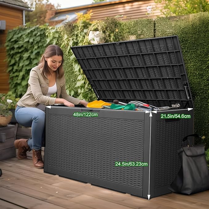100 Gallon Outdoor Storage Box,Waterproof Lockable Resin Deck Box,Storage Container with Reinforced Support for Patio Cushions, Furniture Supplies, Garden Tools, UV-Resistant Outdoor Chest (Black)-Ruum Studio Home