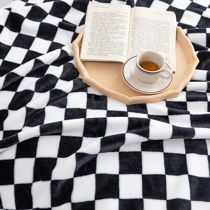 LOMAO Throw Blankets Flannel Blanket with Checkerboard Grid Pattern Soft Throw Blanket for Couch, Bed, Sofa Luxurious Warm and Cozy for All Seasons (Black, 90"x90")-Ruum Studio Home