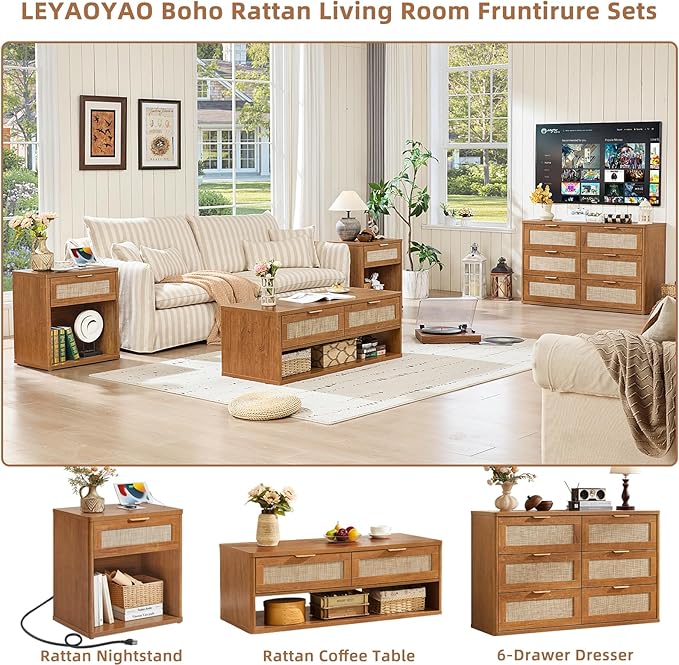 LEYAOYAO Boho Rattan Coffee Table Sets 3 Pieces, Nightstand with Charging Station and Coffee Table with Hidden Storage Compartment, Brown Living Room Table Set, Wood Furniture Sets for Home Office-Ruum Studio Home