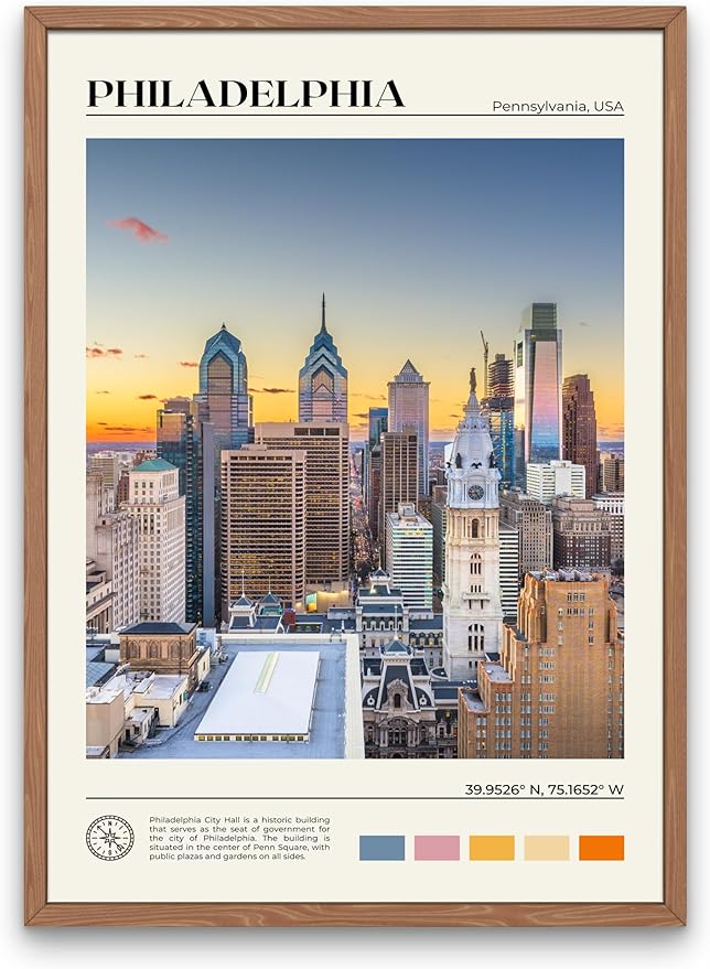 StudioUBILA Philadelphia Wall Art Poster, Decorative Cityscape Landscape Art Prints, Home Decor Wall Art Print for Bedroom Living Room Kitchen Decorations, Unframed-Ruum Studio Home