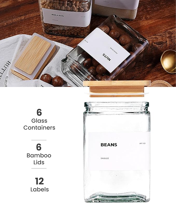 27 oz Glass Storage Jars with Bamboo Lid, set of 6, glass canisters with airtight lids, Clear jars with lids for Cookie, Candy, Tea, Coffee Bean and Rice (White)-Ruum Studio Home