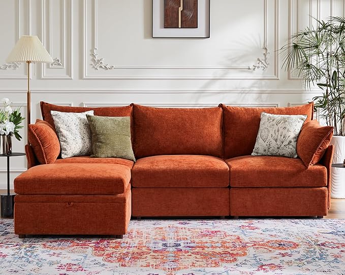 102.6" Modular Sectional Sofa, Oversized 3-Seater Terracotta Orange Couch with Removable Chenille Fabric Cover, Deep Seat & High Backrest for Living Room, Office & Apartment-Ruum Studio Home
