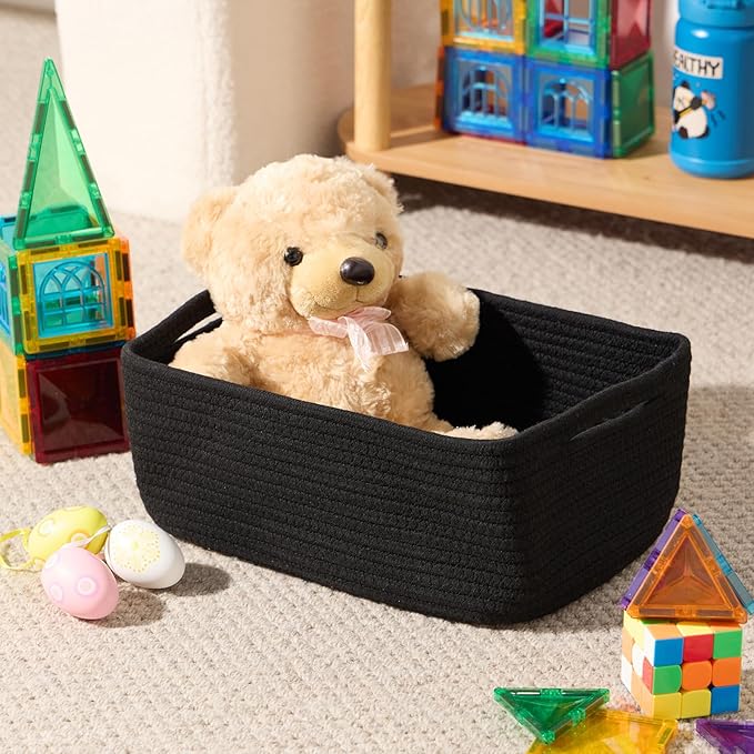 Small Storage Baskets for Organizing | Closet Organizer Bins | Shelf Toy Basket | Woven Rope Baskets | Cube Decorative Box | Shallow Basket | 13x8.5x5.1” | 3 Packs Black-Ruum Studio Home