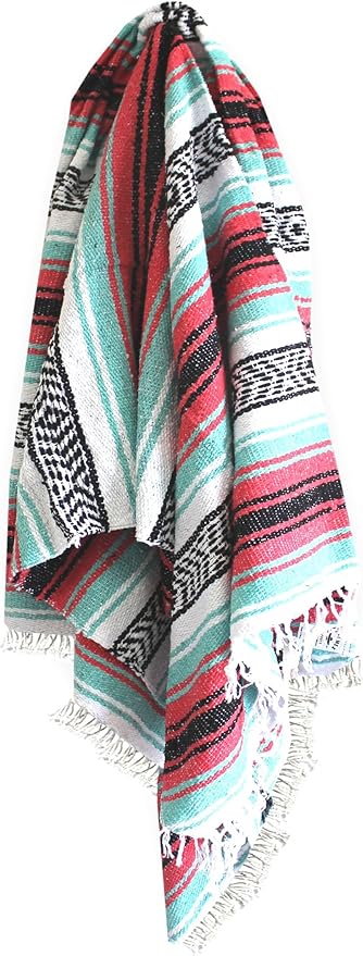 Del Mex Classic Mexican Blanket, Large Authentic Woven Falsa Throw (70"x50"), Artisan Southwest Décor for Beach, Yoga, Outdoors (Pink/Mint)-Ruum Studio Home