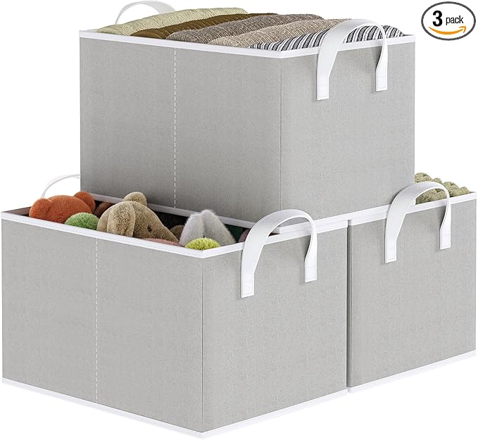 Closet Storage Bins, Fabric Closet Organizers and Storage Basket for Shelves, Collapsible Shelf Baskets for Organizing Shelves, Bedroom Clothes Basket, Gray, 3 Pack-Ruum Studio Home