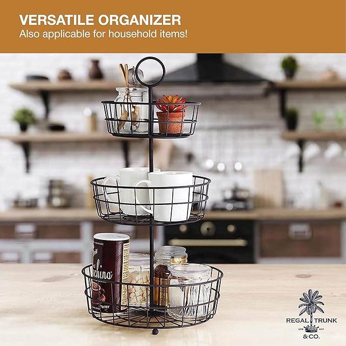 REGAL TRUNK & CO. 3 Tier Fruit Basket, Elegant French Country Wire Baskets, Three Tiered Wire Basket Stand for Vegetables, Bread & More for Countertop or Hanging, Christmas or Birthday Present-Ruum Studio Home