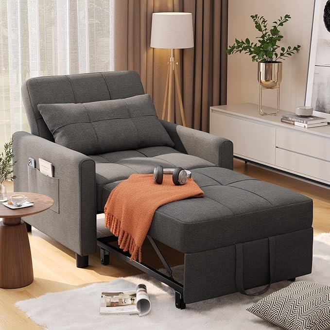 Noelse Convertible Futon Sofa Bed, 3-in-1 Multi-Functional Sleeper Chair Bed, Adjustable Backrest Recliner with Modern Linen Fabric for Living Room Bedroom Apartment Small Space, Dark Grey-Ruum Studio Home