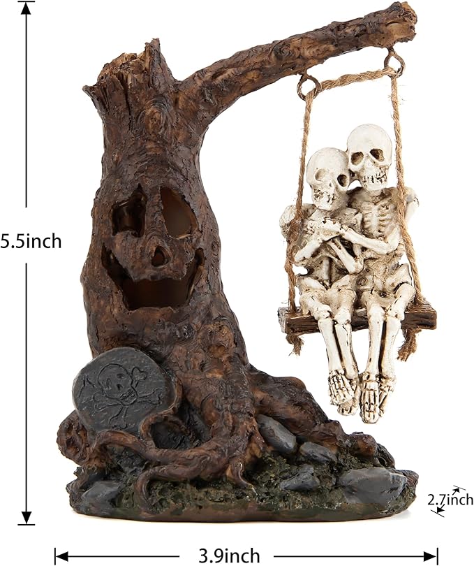 Halloween Skull Statue with Spooky LED Light for Holiday Decorations, Halloween Decor with Romantic Skeleton Couple on Swing Tombstone Tree, Grinning Skull Decor Props Haunted Collectible Gift-Ruum Studio Home