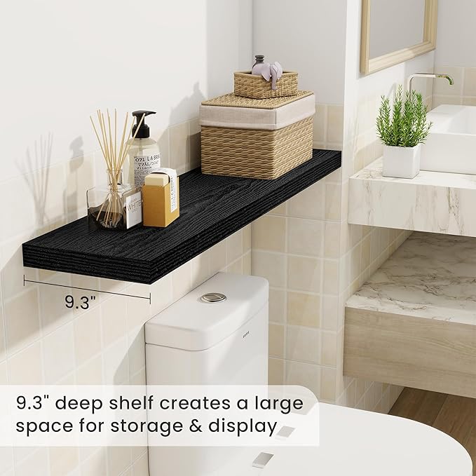 Fun Memories 40" Rustic Wood Floating Shelves with Invisible Brackets for Storage & Decor, Deep Wall Mounted Shelves for Bathroom, Kitchen, Living Room (Black, Set of 2)-Ruum Studio Home