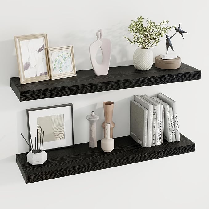 36 inch Floating Shelves Wall Shelves for Office with Invisible Brackets, 8 inch Deep Shelves for Bathroom, Living Room, Kitchen, Office, 36x7.9 inch deep Set of 2, Black-Ruum Studio Home